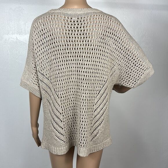 J. Jill Pure Jill Beige Cotton Open Knit Crochet Short Sleeve Sweater Size MP - Picture 3 of 8